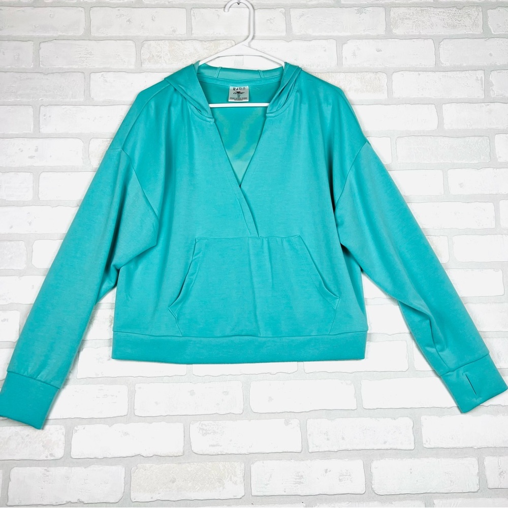 Crane Womens Teal Crossover V-Neck Hoodie Thumbhole Cuffs Modal Blend Size M